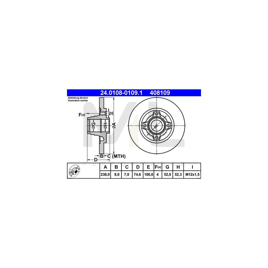 ATE 24.0108-0109.1 Brake Disc for RENAULT CLIO Solid  - 1 piece