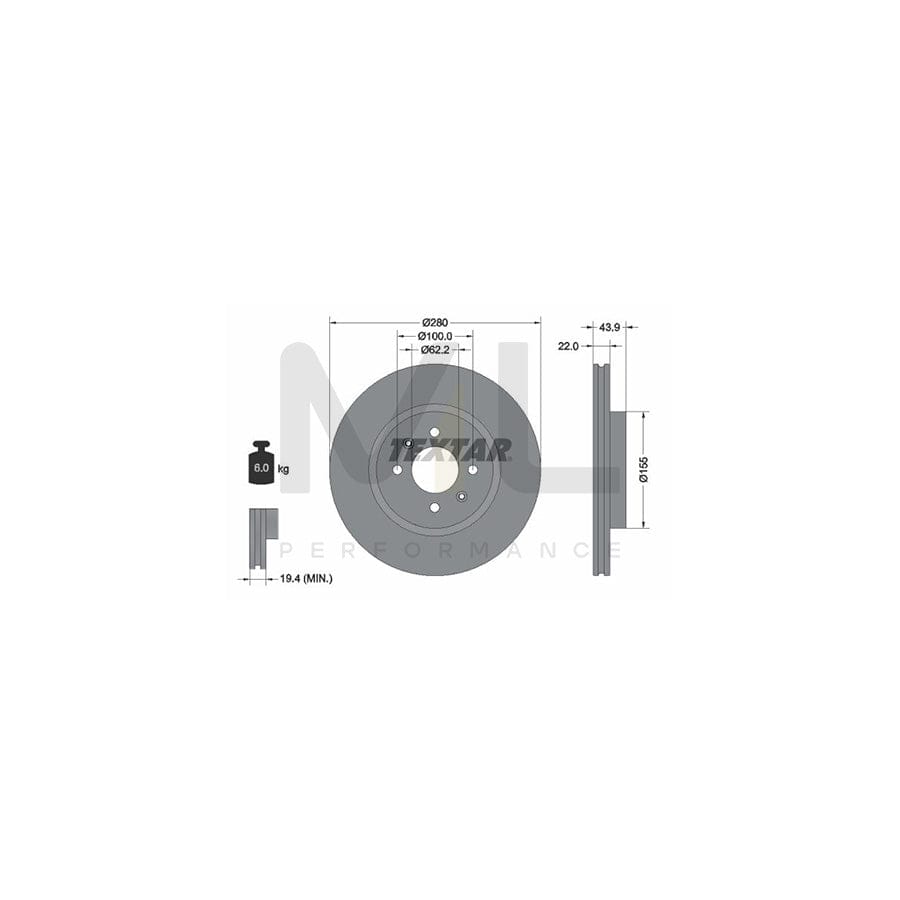 TEXTAR PRO 92239303 Brake Disc for KIA RIO Internally Vented, Coated, without wheel hub, without wheel studs  - 1 piece