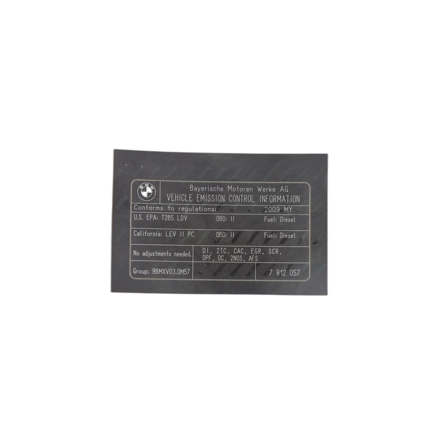 Genuine BMW 71227812057 E90 Label "Exhaust Emission" MJ08 (Inc. 335d)