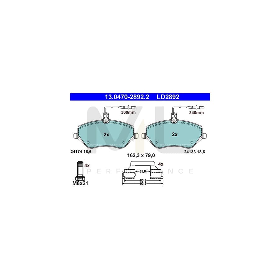 ATE Ceramic 13.0470-2892.2 Brake pad set incl. wear warning contact, with brake caliper screws, with accessories