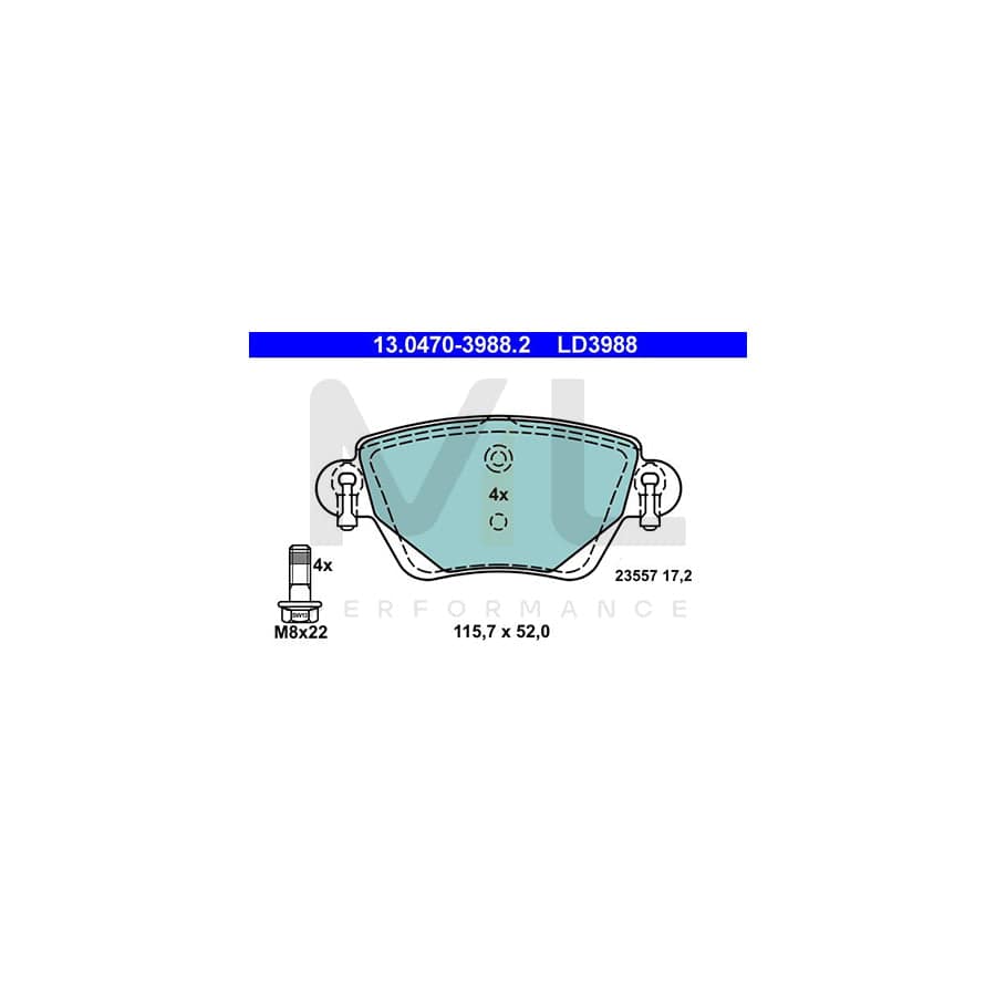 ATE Ceramic 13.0470-3988.2 Brake pad set excl. wear warning contact, not prepared for wear indicator, with brake caliper screws