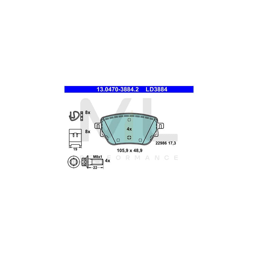 ATE 13.0470-3884.2 Brake pad set excl. wear warning contact, not prepared for wear indicator, with brake caliper screws, with accessories