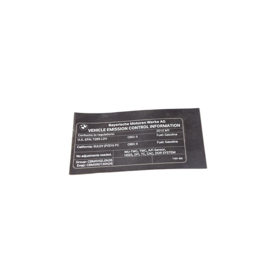 Genuine BMW 71227641420 F30 Label "Exhaust Emission" MY12 (Inc. 328i)