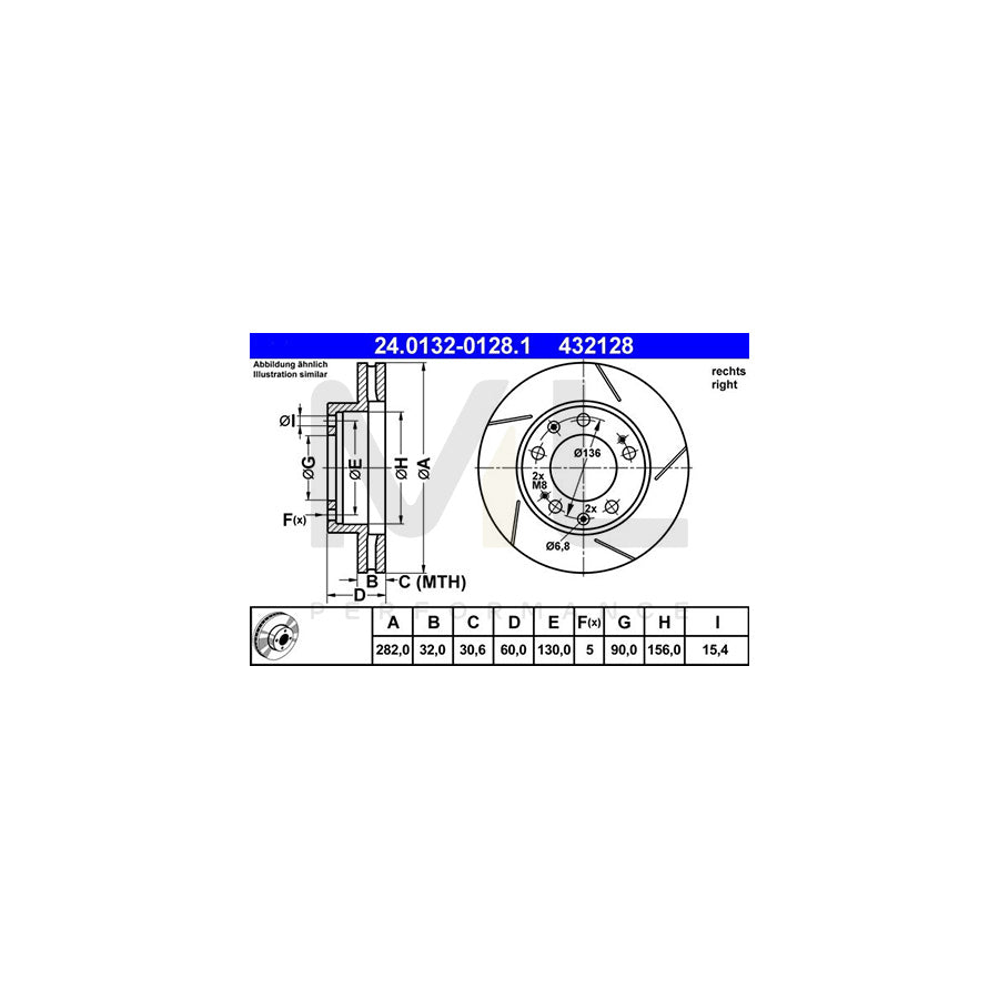 ATE 24.0132-0128.1 Brake Disc for PORSCHE 928 Coupe Slotted / Internally Vented, Coated, Alloyed / High-carbon