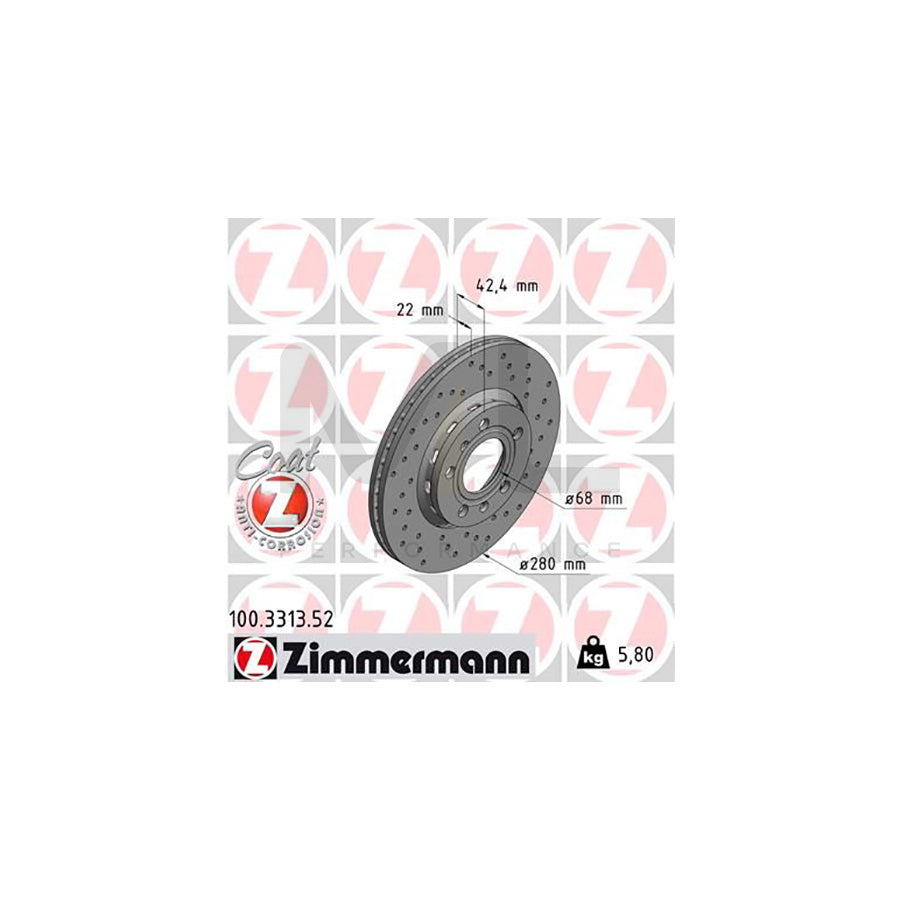 ZIMMERMANN SPORT COAT Z 100.3313.52 Brake Disc Externally Vented, Perforated, Coated, High-carbon  - 1 piece