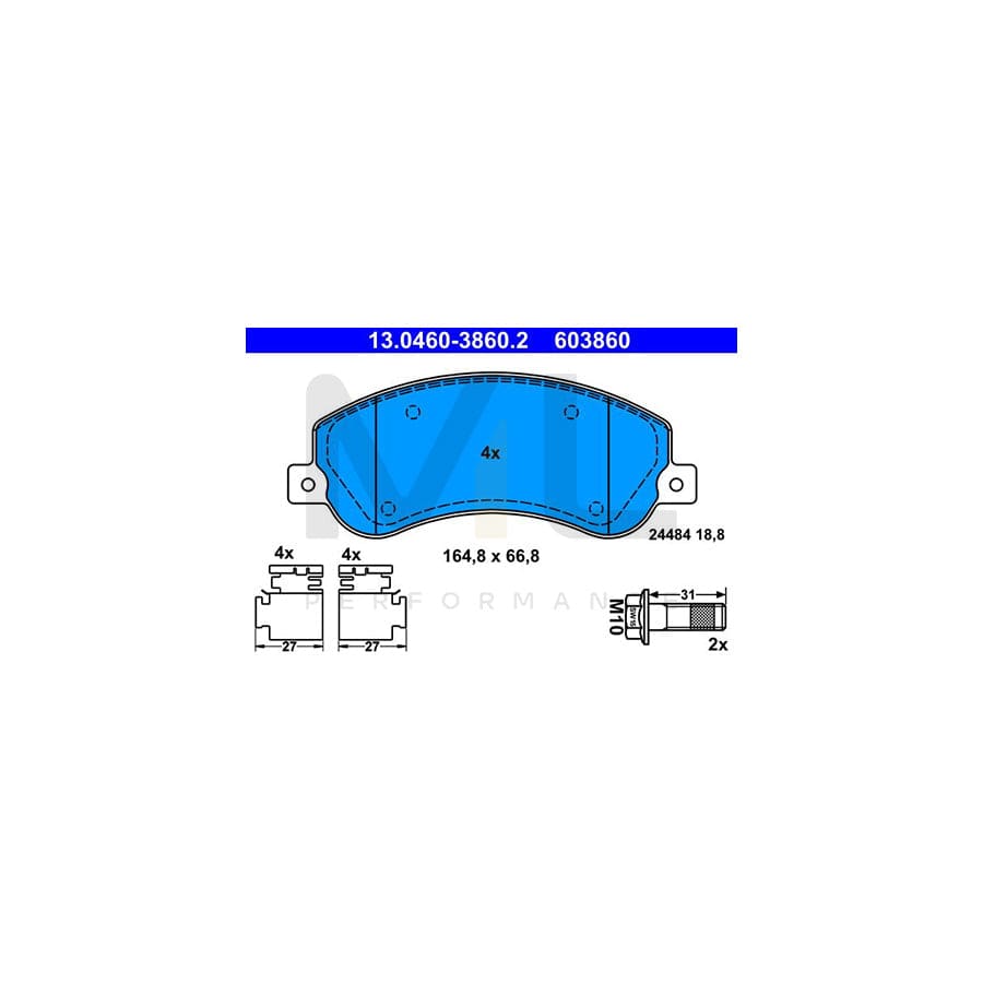 ATE 13.0460-3860.2 Brake pad set for VW AMAROK excl. wear warning contact, prepared for wear indicator, with brake caliper screws, with accessories