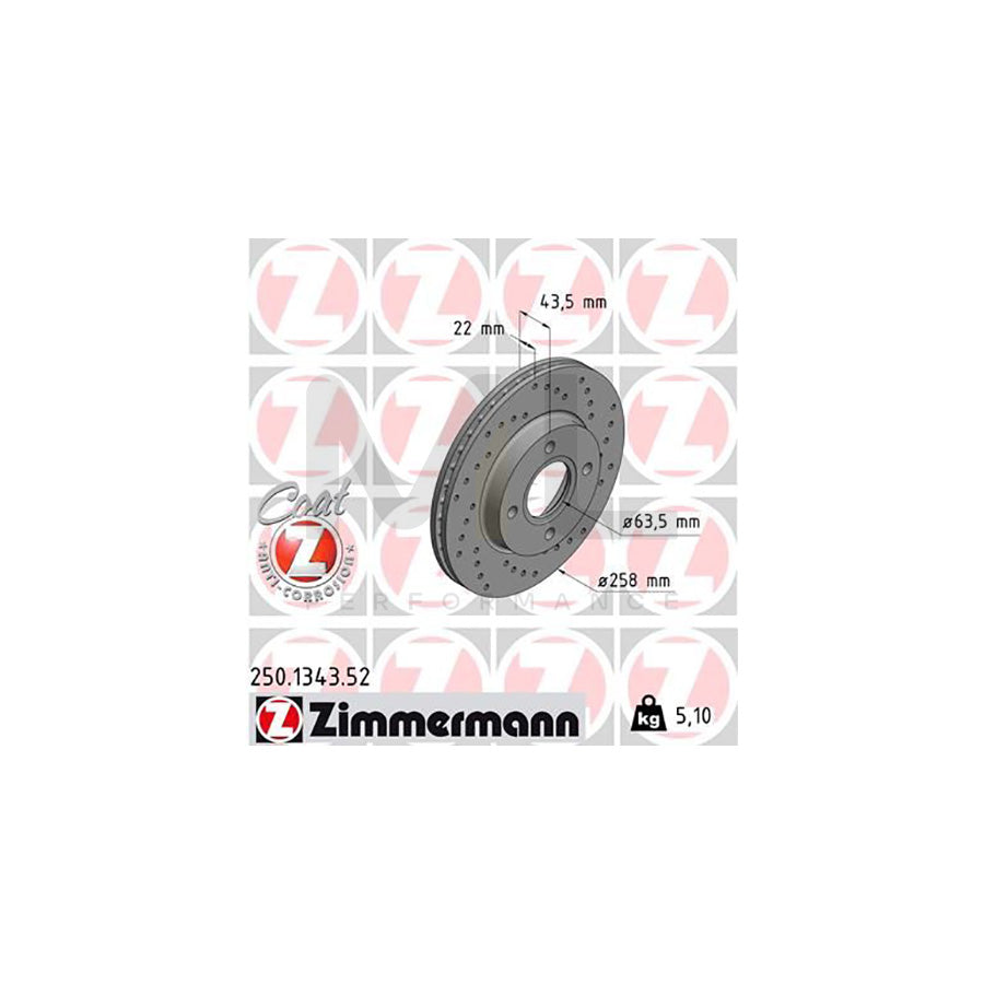ZIMMERMANN SPORT COAT Z 250.1343.52 Brake Disc Internally Vented, Perforated, Coated  - 1 piece