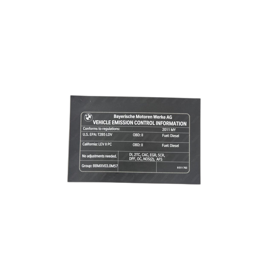Genuine BMW 71228511763 E90 Label "Exhaust Emission" MY11 (Inc. 335d & 335xi)