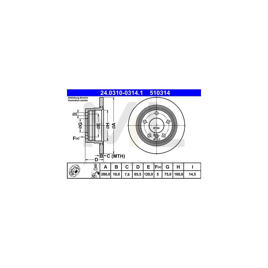 ATE PowerDisc 24.0310-0314.1 Brake Disc for BMW 1 Series Solid, Coated, High-carbon, with bolts/screws  - 1 piece