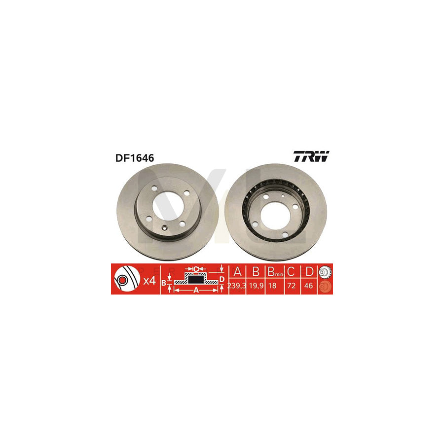 TRW DF1646 Brake Disc for FORD FIESTA Vented  - 1 piece