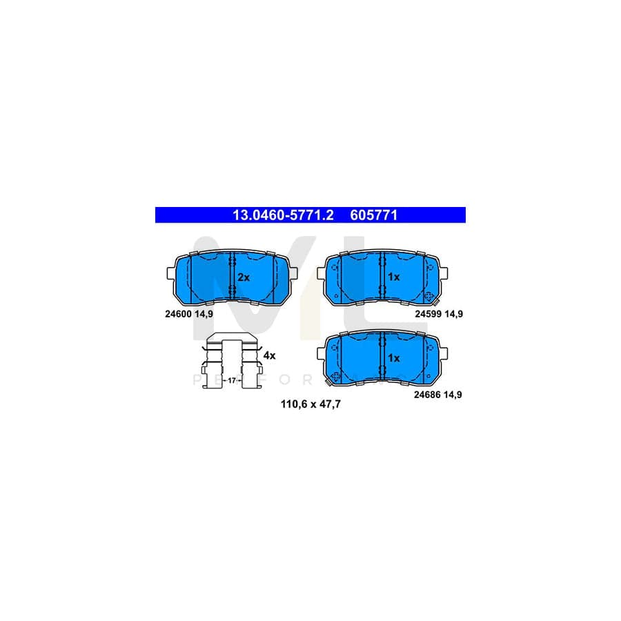 ATE 13.0460-5771.2 Brake pad set for KIA SEDONA with acoustic wear warning, with accessories