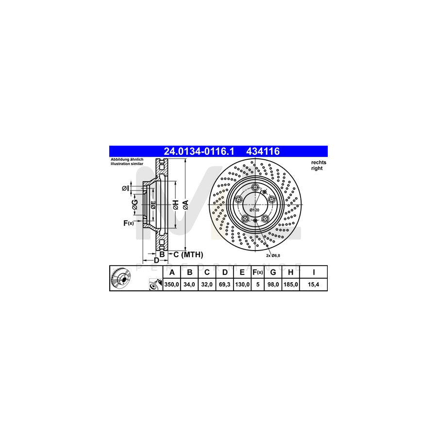ATE 24.0134-0116.1 Brake Disc for PORSCHE 911 Coupe (997) Perforated / Vented, Coated, Alloyed / High-carbon