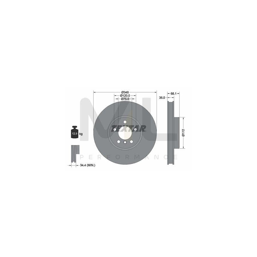 TEXTAR PRO 92253703 Brake Disc Internally Vented, Coated, without wheel hub, without wheel studs