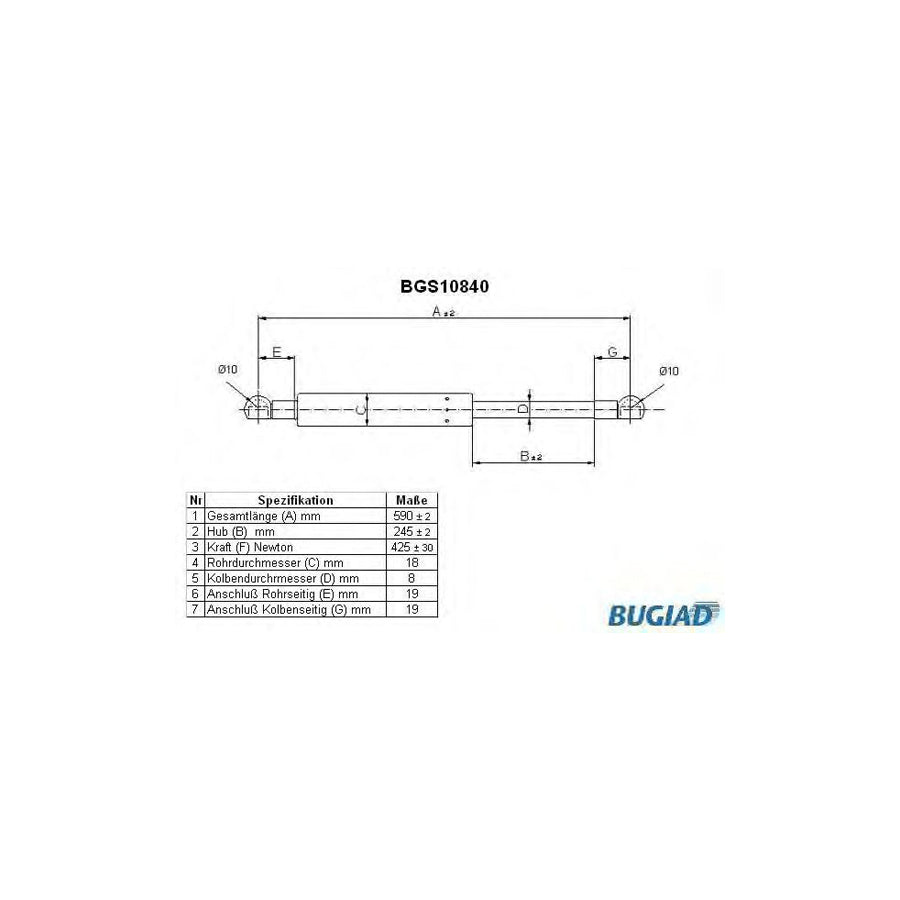 BUGIAD Bgs10840 Tailgate Strut for Mitsubishi Lancer Estate (Cb5W, Cd5W)