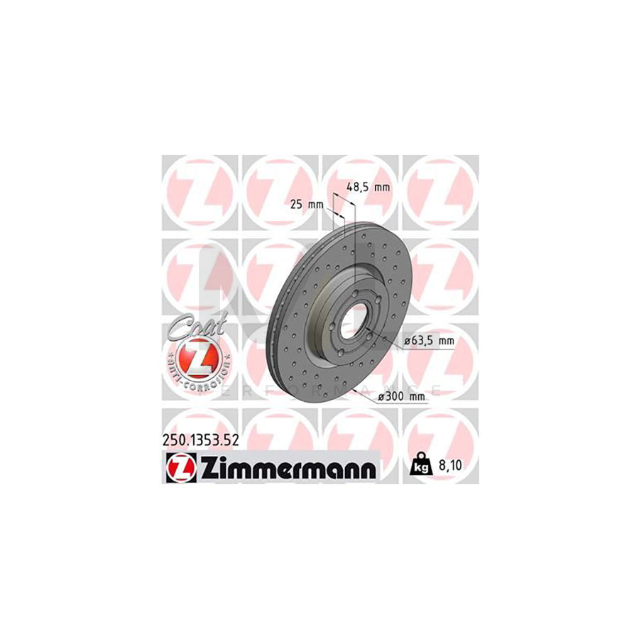 ZIMMERMANN SPORT COAT Z 250.1353.52 Brake Disc Internally Vented, Perforated, Coated  - 1 piece