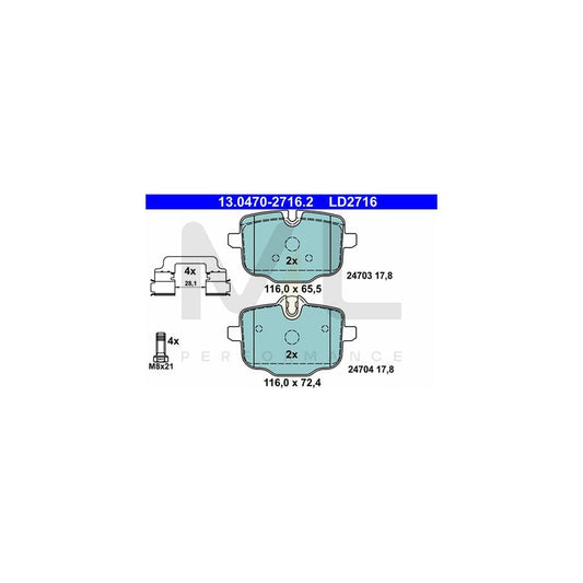 ATE Ceramic 13.0470-2716.2 Brake pad set excl. wear warning contact, prepared for wear indicator, with brake caliper screws, with accessories