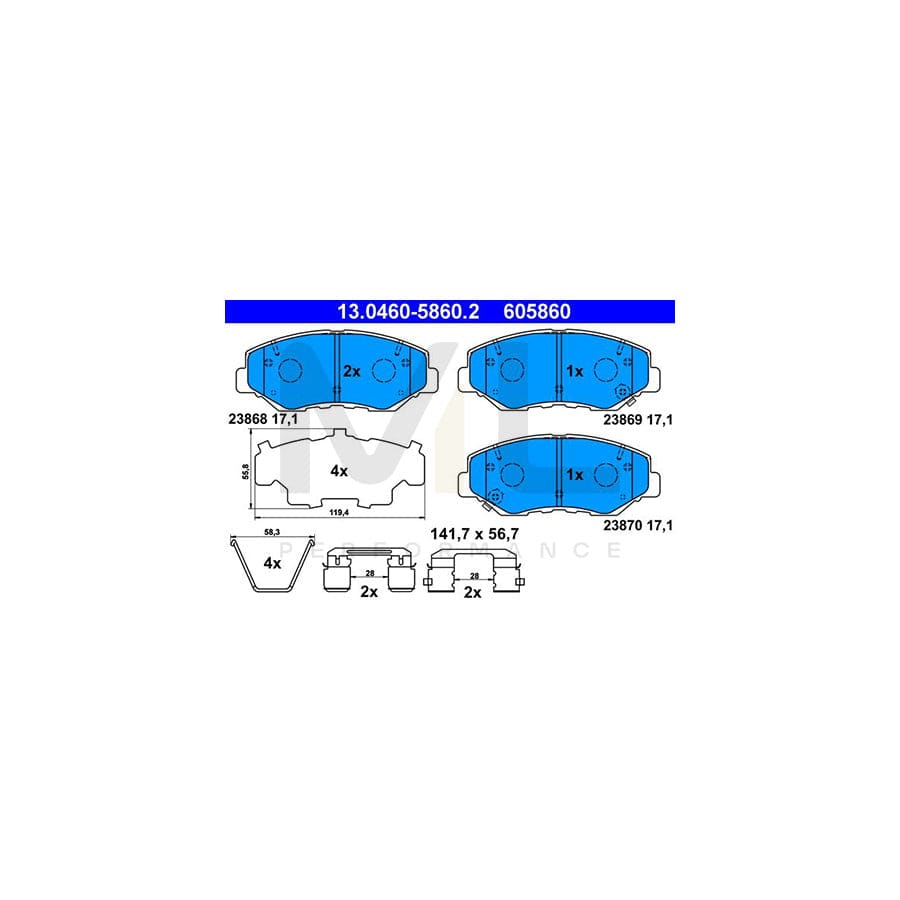 ATE 13.0460-5860.2 Brake pad set with acoustic wear warning, with accessories