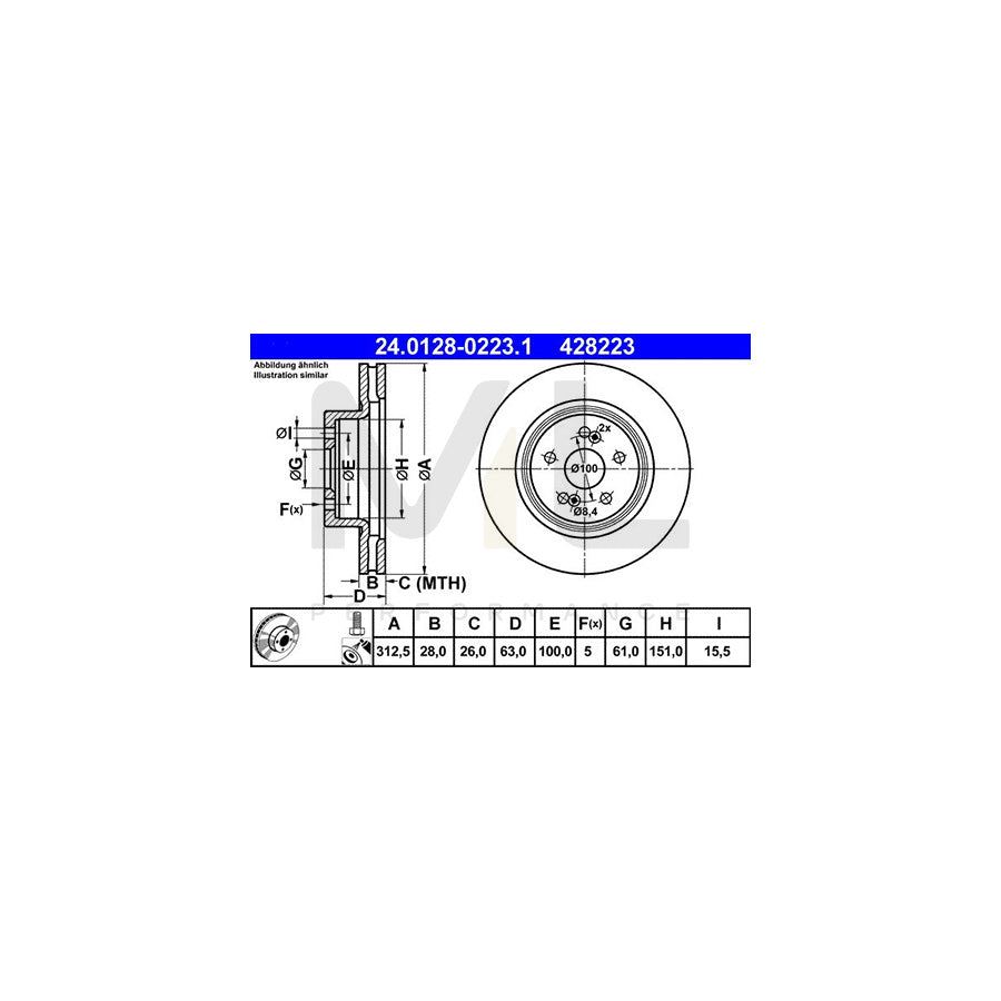 ATE 24.0128-0223.1 Brake Disc Vented, Coated, High-carbon, with bolts/screws  - 1 piece