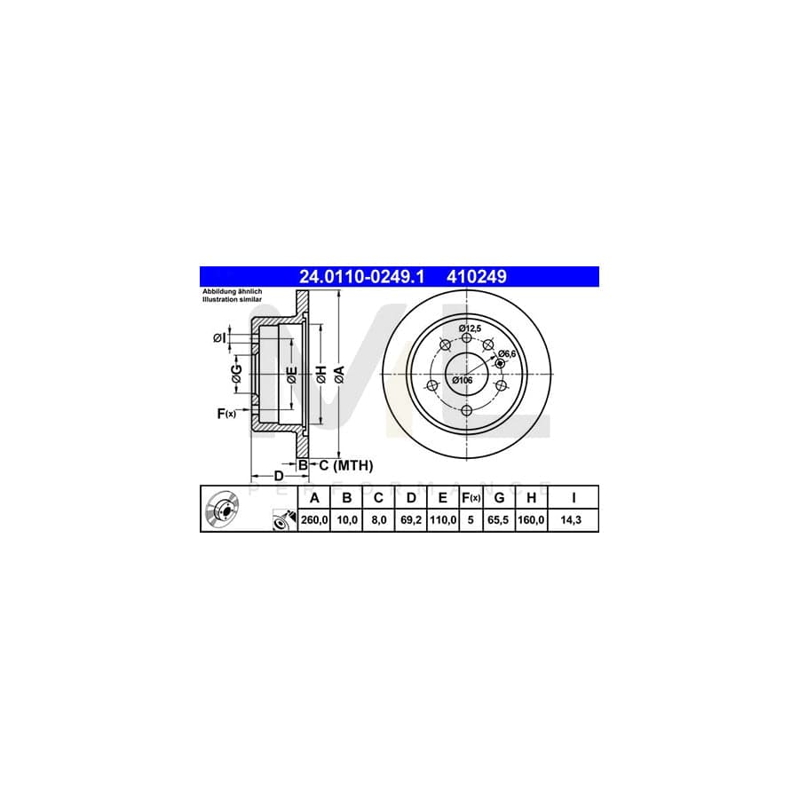 ATE 24.0110-0249.1 Brake Disc Solid, Coated  - 1 piece