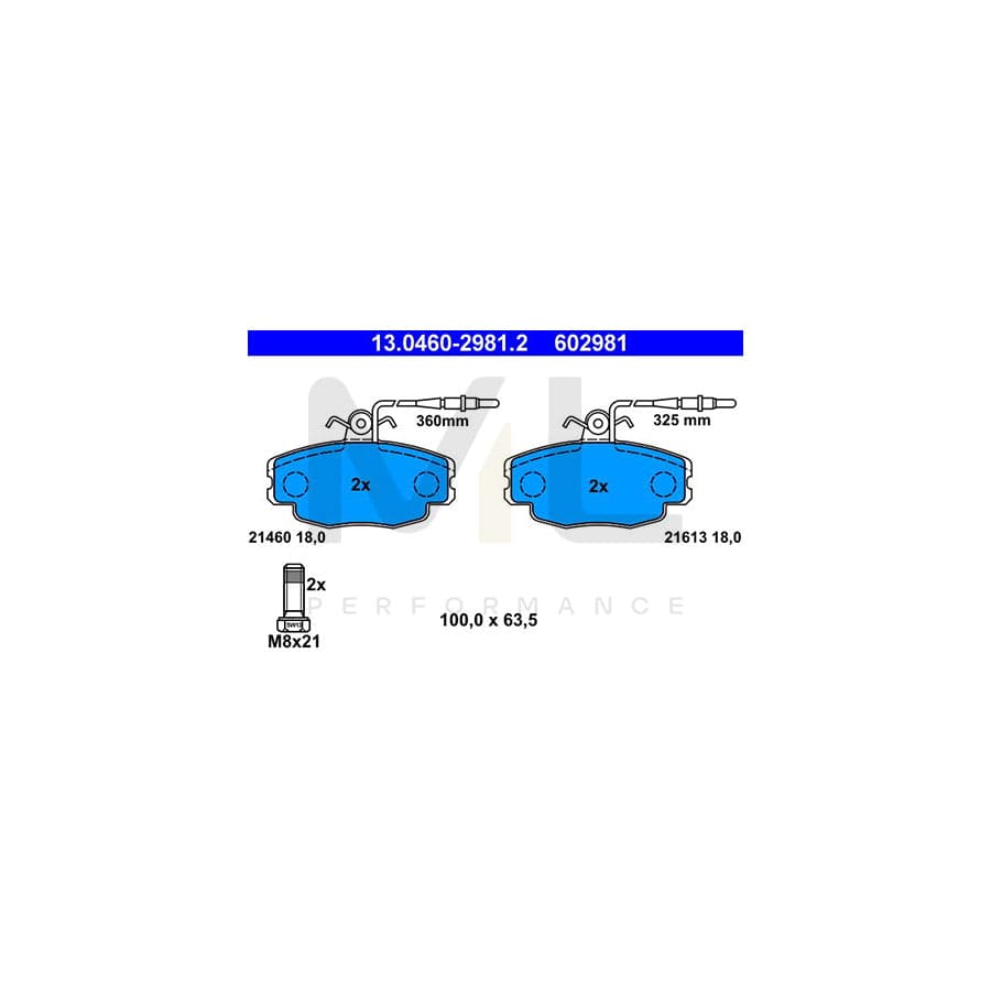 ATE 13.0460-2981.2 Brake pad set for CITRO?? ZX incl. wear warning contact, with brake caliper screws