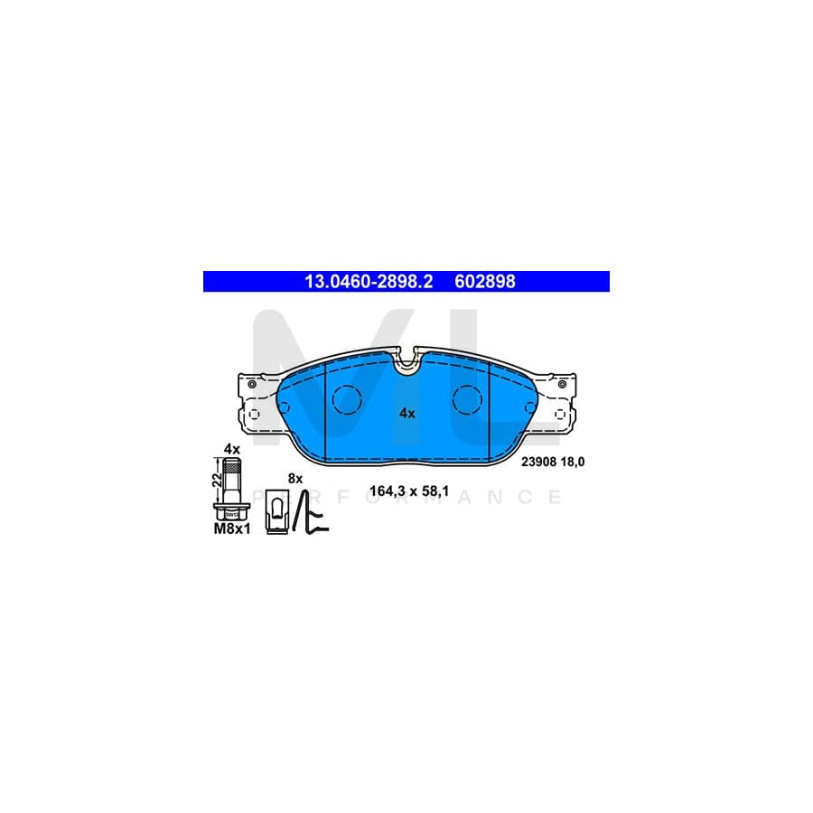 ATE 13.0460-2898.2 Brake pad set excl. wear warning contact, prepared for wear indicator, with brake caliper screws, with accessories
