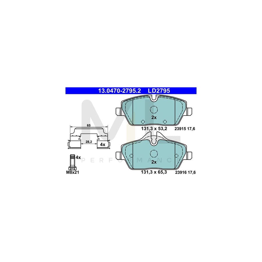 ATE Ceramic 13.0470-2795.2 Brake pad set excl. wear warning contact, prepared for wear indicator, with brake caliper screws, with accessories