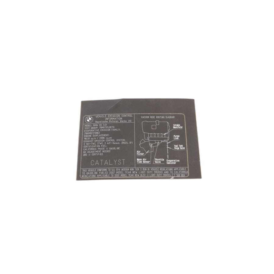 Genuine BMW 71227568804 E70 E71 Label "Exhaust Emission" (Inc. X5 3.0si & X6 35iX)