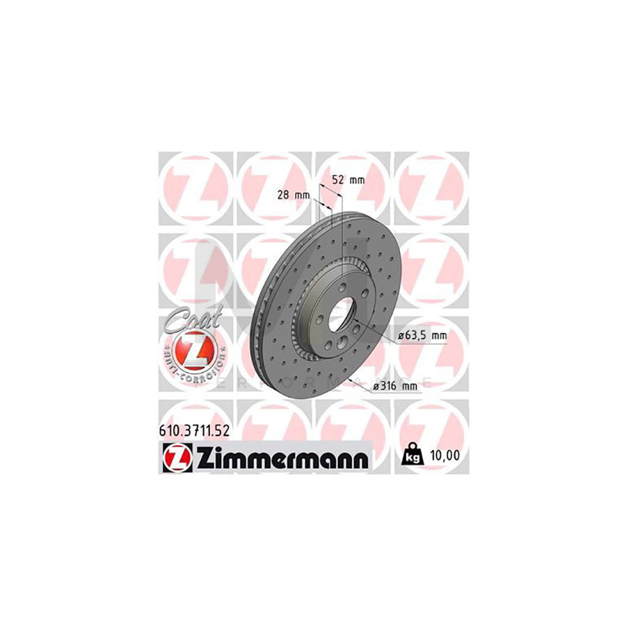 ZIMMERMANN SPORT COAT Z 610.3711.52 Brake Disc Externally Vented, Perforated, Coated  - 1 piece
