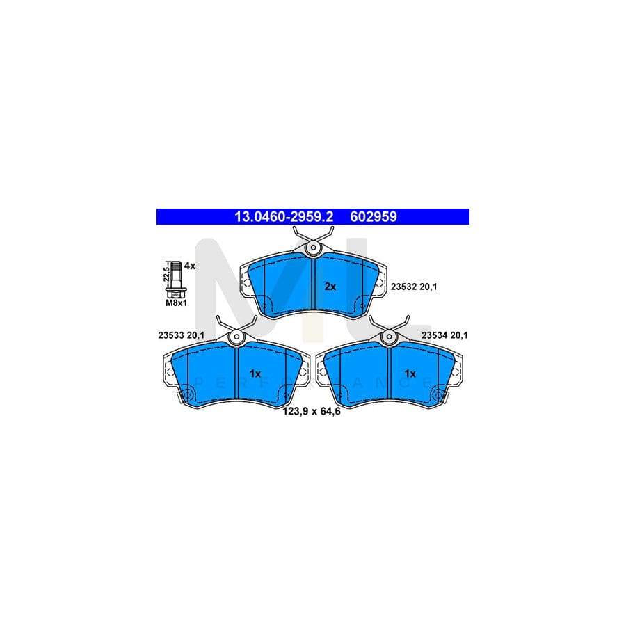 ATE 13.0460-2959.2 Brake pad set for CHRYSLER PT CRUISER with acoustic wear warning, with brake caliper screws