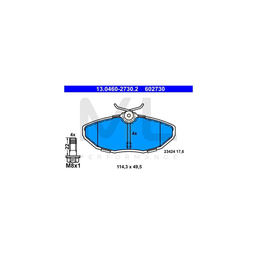 ATE 13.0460-2730.2 Brake pad set excl. wear warning contact, not prepared for wear indicator, with brake caliper screws
