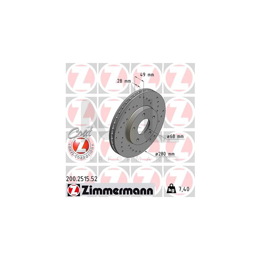 ZIMMERMANN SPORT COAT Z 200.2515.52 Brake Disc Internally Vented, Perforated, Coated  - 1 piece
