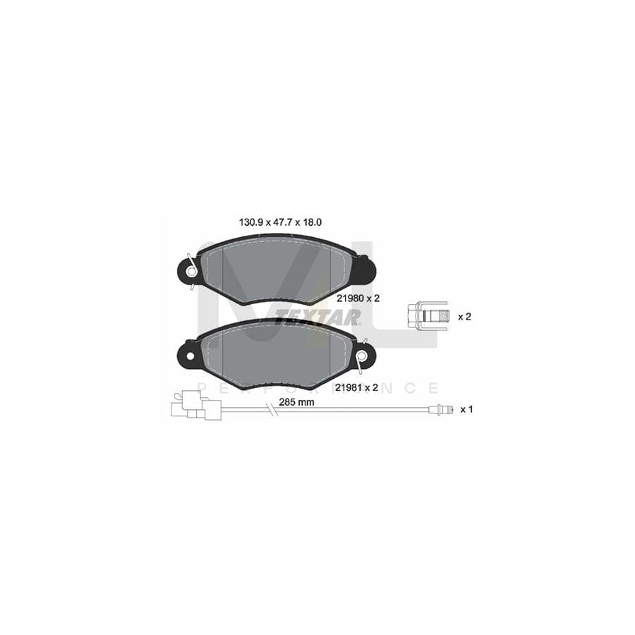 TEXTAR 2198009 Brake pad set for RENAULT KANGOO with integrated wear warning contact, with brake caliper screws