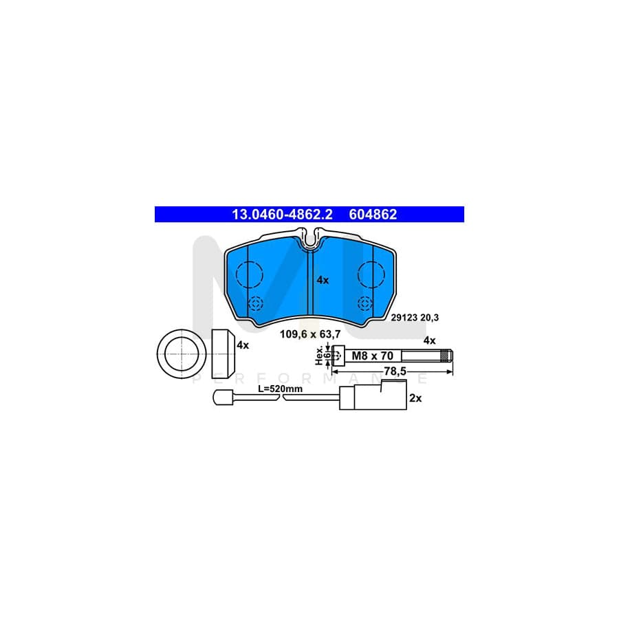 ATE 13.0460-4862.2 Brake pad set for FORD TRANSIT incl. wear warning contact, with brake caliper screws, with accessories