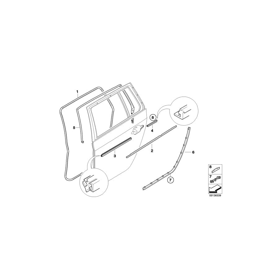 Genuine BMW 51227897279 E61 Outer Weatherstrip, Rear Left Door GLANZSCHWARZ (Inc. 525xi, 525d & 535xi)