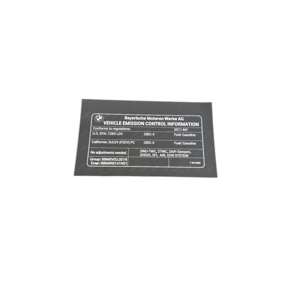 Genuine BMW 71227612804 E82 E92 E93 Label "Exhaust Emission" MY11 (Inc. 328i, 128i & 328xi)