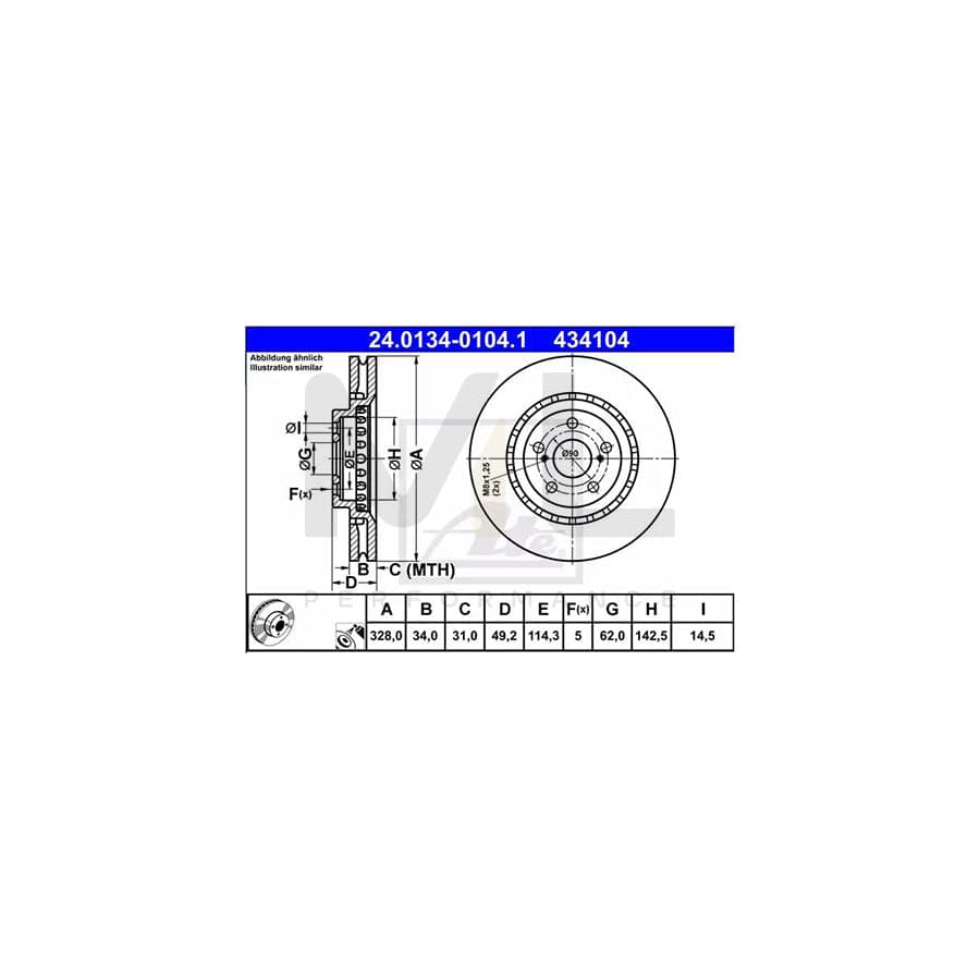 ATE 24.0134-0104.1 Brake Disc for LEXUS RX III (AL10) Vented, Coated  - 1 piece