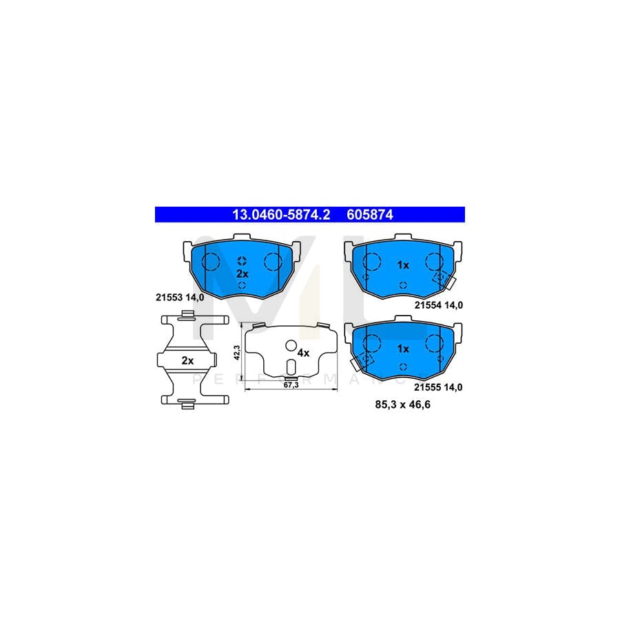 ATE 13.0460-5874.2 Brake pad set with acoustic wear warning, with anti-squeak plate, with accessories