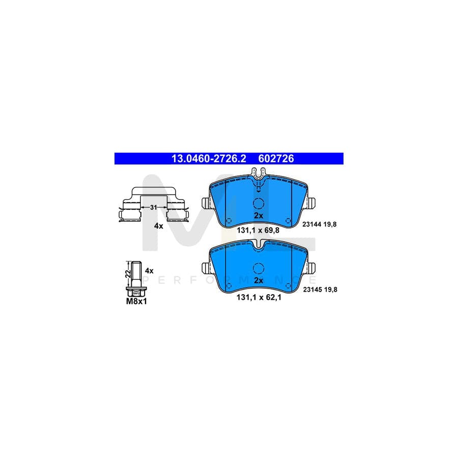 ATE 13.0460-2726.2 Brake pad set excl. wear warning contact, prepared for wear indicator, with brake caliper screws, with accessories