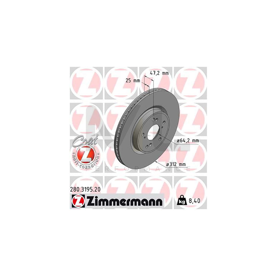 ZIMMERMANN 280.3195.20 Brake Disc for HONDA CR-V V (RW, RT) Internally Vented, Coated  - 1 piece