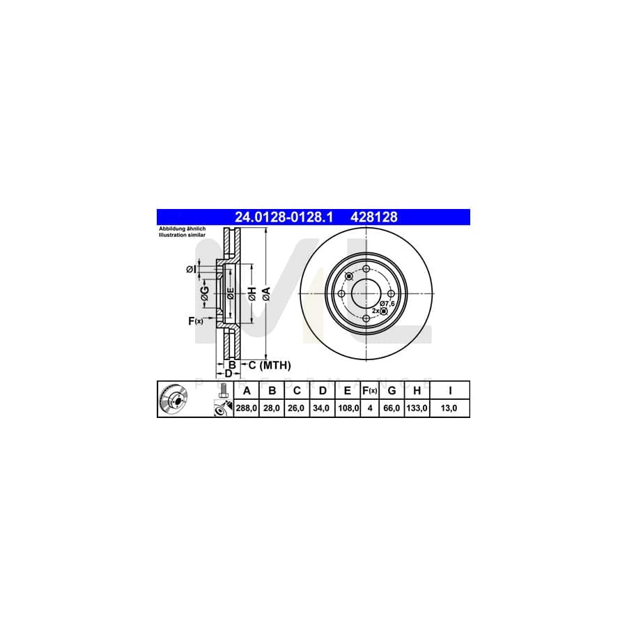 ATE 24.0128-0128.1 Brake Disc Vented, Coated, with bolts/screws  - 1 piece