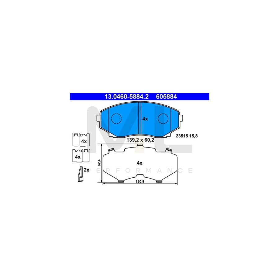 ATE 13.0460-5884.2 Brake pad set for MAZDA MPV II (LW) with acoustic wear warning, with anti-squeak plate, with accessories