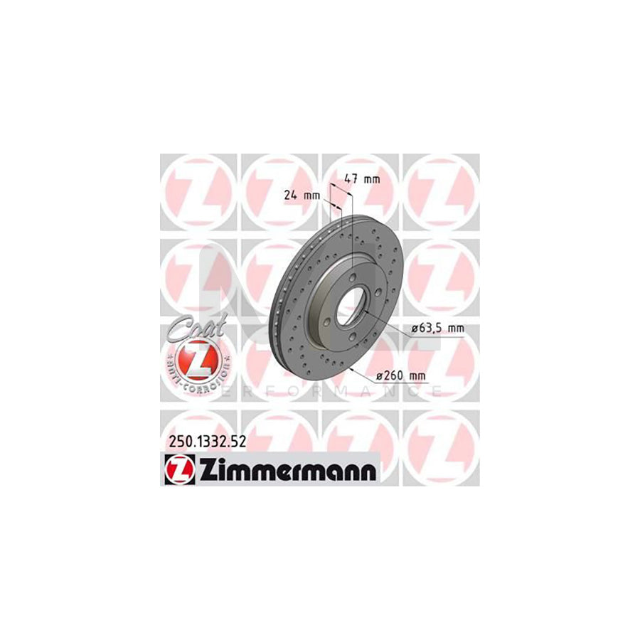 ZIMMERMANN SPORT COAT Z 250.1332.52 Brake Disc Internally Vented, Perforated, Coated  - 1 piece