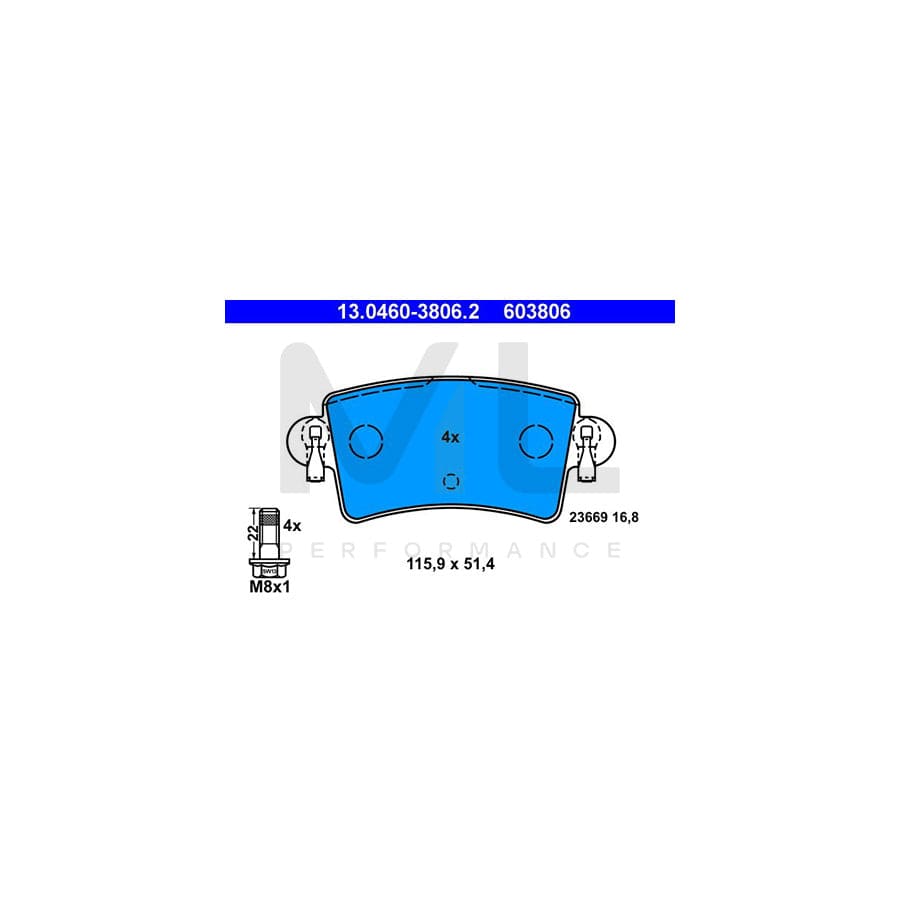 ATE 13.0460-3806.2 Brake pad set excl. wear warning contact, not prepared for wear indicator, with brake caliper screws