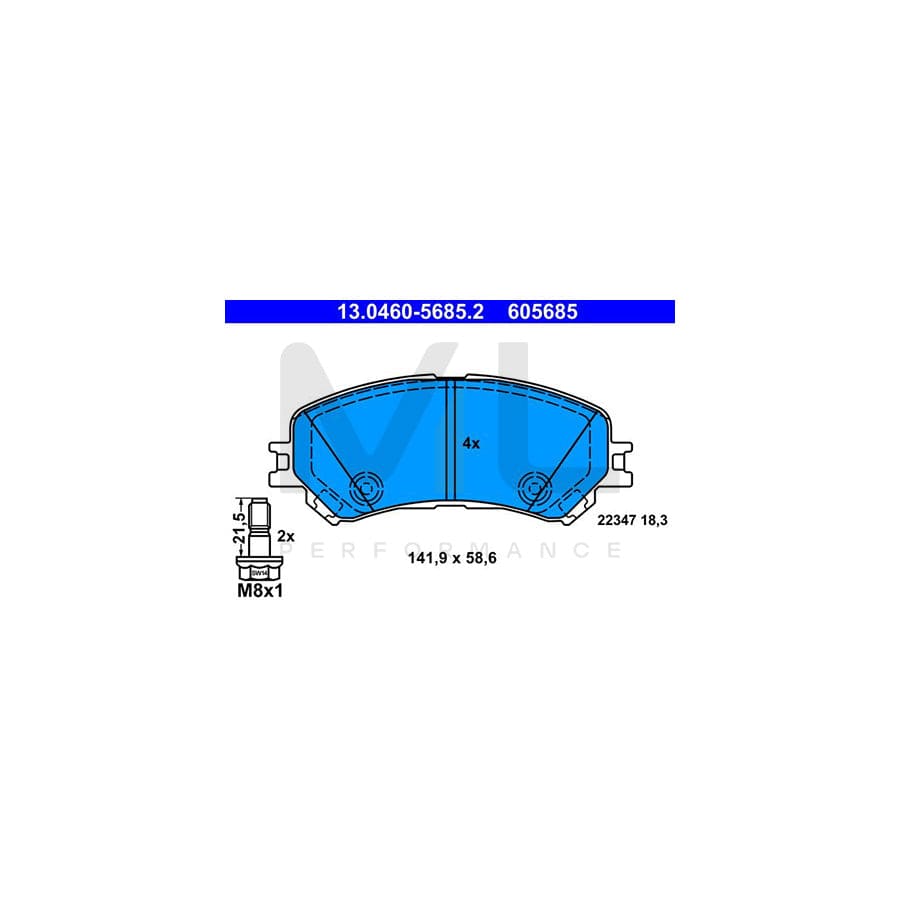 ATE 13.0460-5685.2 Brake pad set excl. wear warning contact, prepared for wear indicator, with brake caliper screws