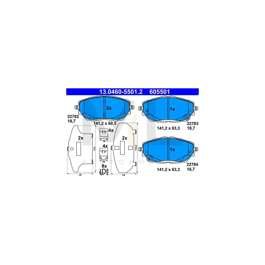 ATE 13.0460-5501.2 Brake pad set with acoustic wear warning, with anti-squeak plate, with accessories