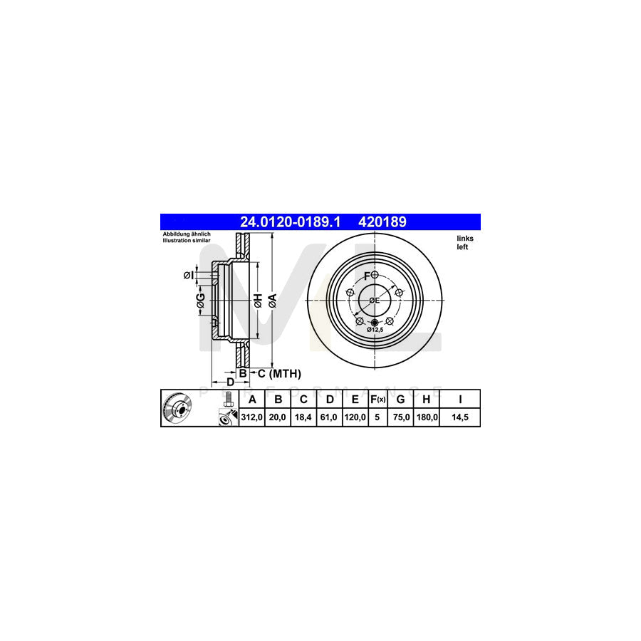 ATE 24.0120-0189.1 Brake Disc Vented, Coated, High-carbon, with bolts/screws