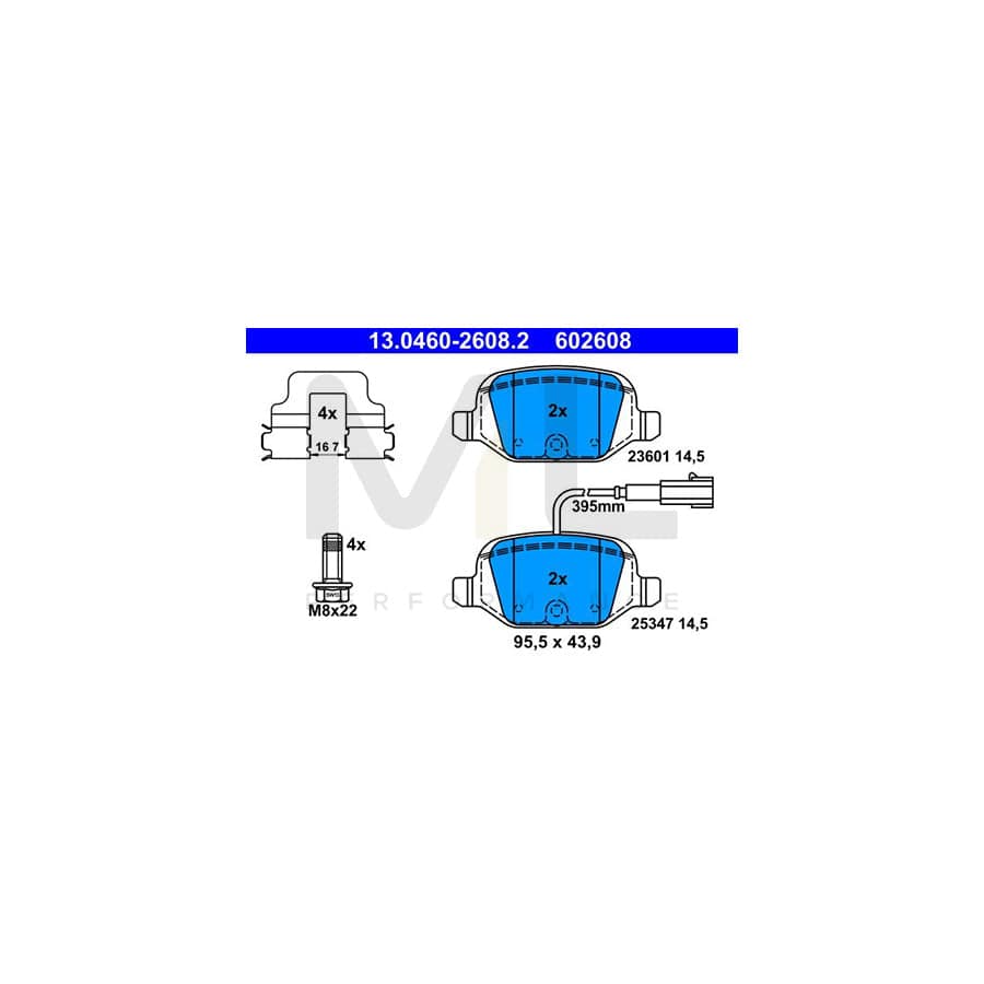 ATE 13.0460-2608.2 Brake pad set incl. wear warning contact, with brake caliper screws, with accessories