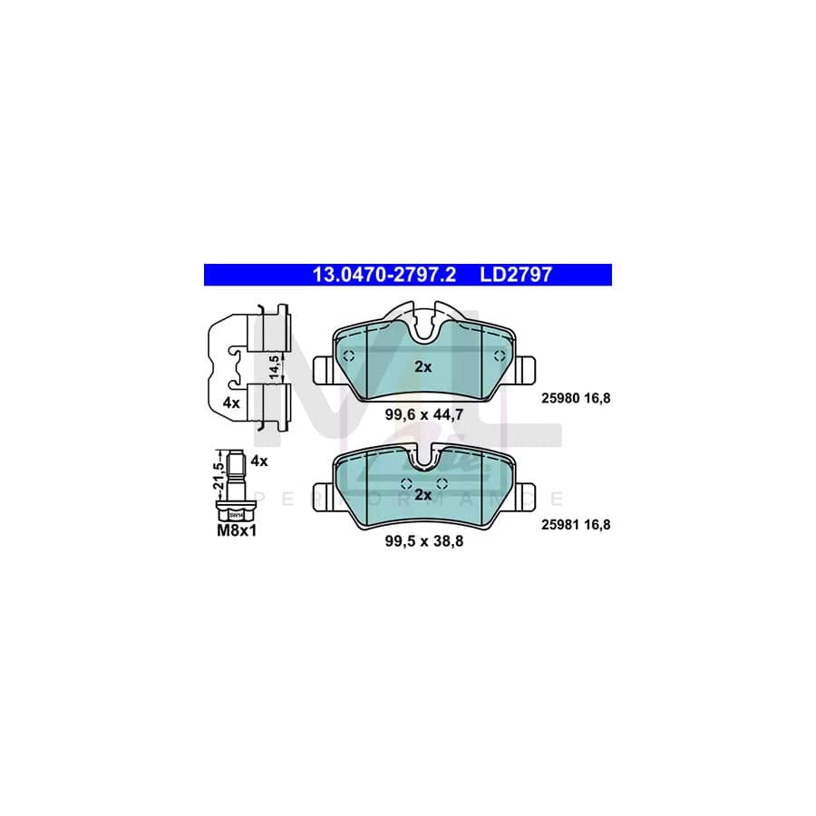 ATE Ceramic 13.0470-2797.2 Brake pad set excl. wear warning contact, prepared for wear indicator, with brake caliper screws, with accessories