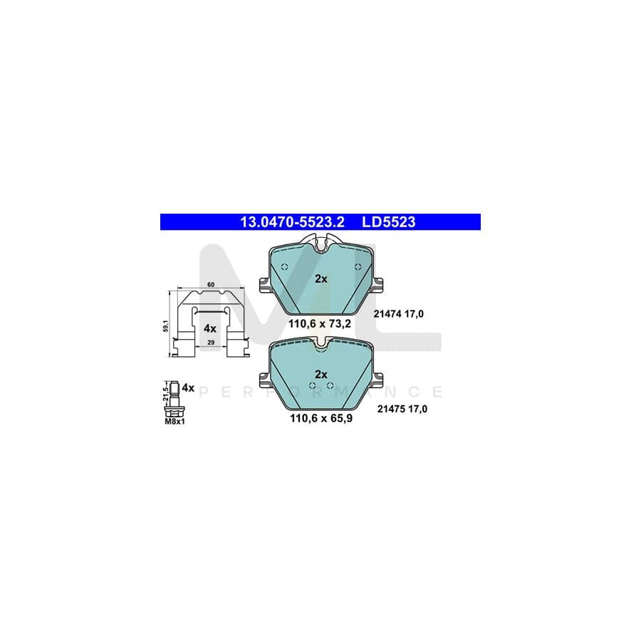 ATE 13.0470-5523.2 Brake pad set excl. wear warning contact, prepared for wear indicator, with brake caliper screws, with accessories