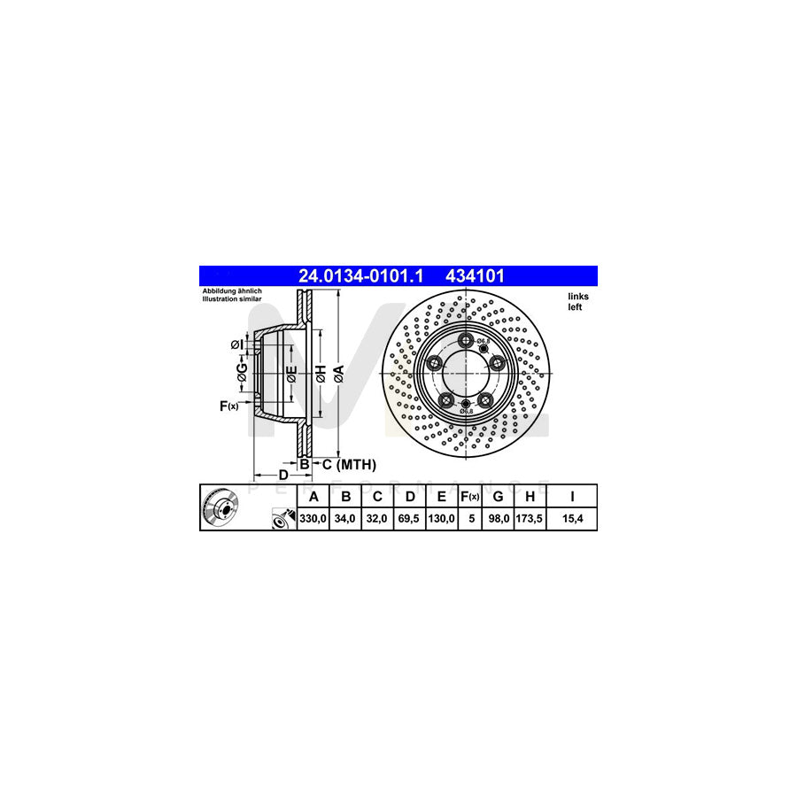 ATE 24.0134-0101.1 Brake Disc for PORSCHE 911 Perforated / Vented, Coated, Alloyed / High-carbon